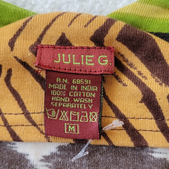 Julie G Top Beaded Neck Tee Green Brown Mixed Media Patchwork Cap Sleeve Tee M - Picture 8 of 8